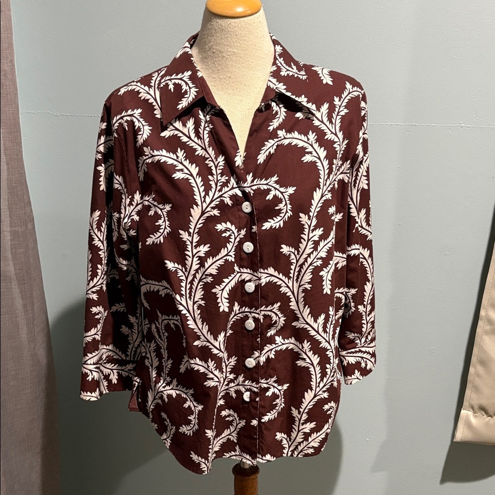 Foxcroft Maroon and White Leaf Print Button Down Shirt